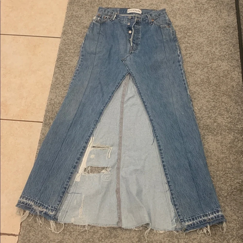 Custom vintage Levi’s denim jean two tone distressed maxi skirt middle slit high - Picture 5 of 10